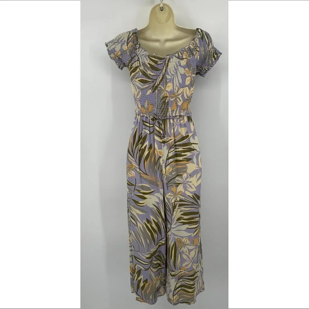 Patrons of Peace cropped wide leg jumpsuit tropical purple smocked floral XS